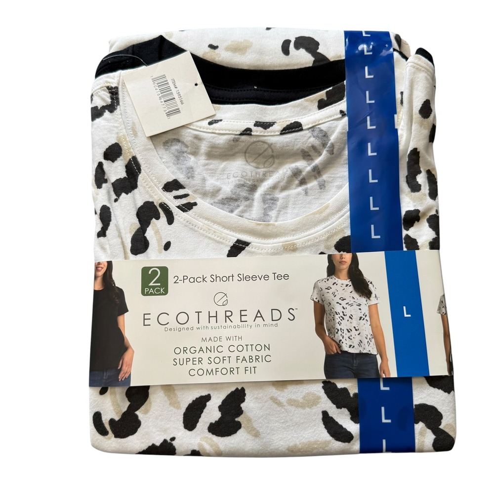 EcoThreads Short Sleeve Tee Women L Black Leopard NWT 2-Pack Organic Cotton